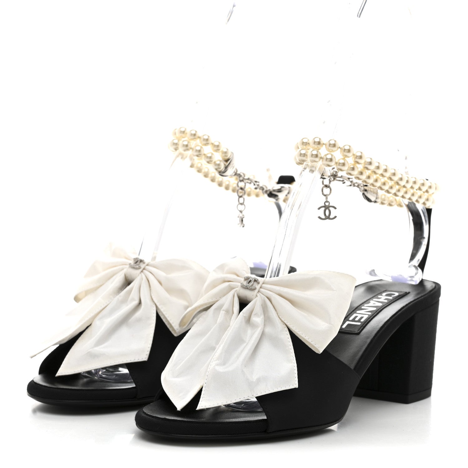 Silk Pearl Ankle Strap Sandals 37 Black White