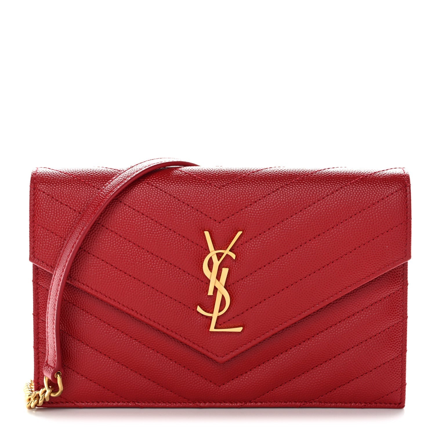 Grain De Poudre Matelasse Chevron Monogram Envelope Chain Wallet New Red