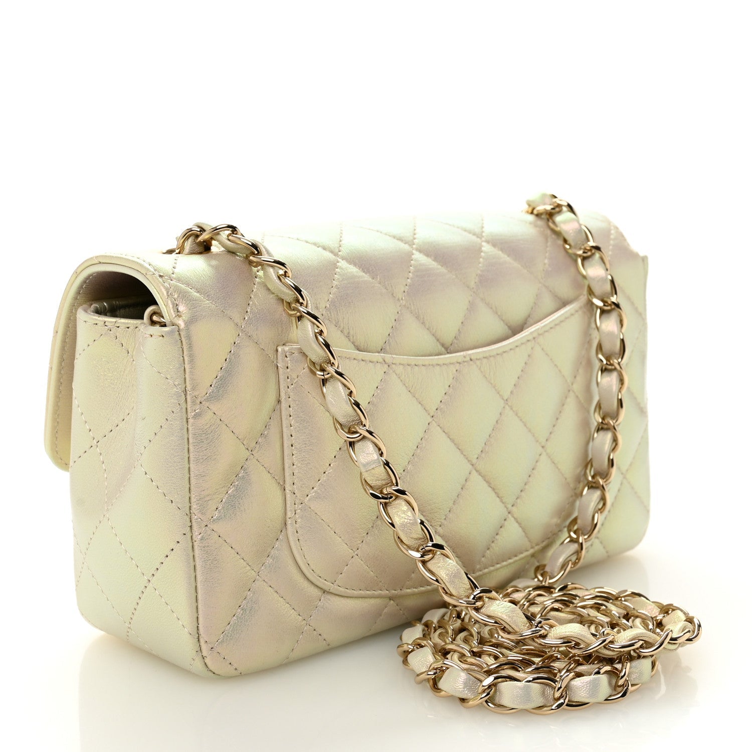 Iridescent Lambskin Quilted Mini Rectangular Flap Ivory