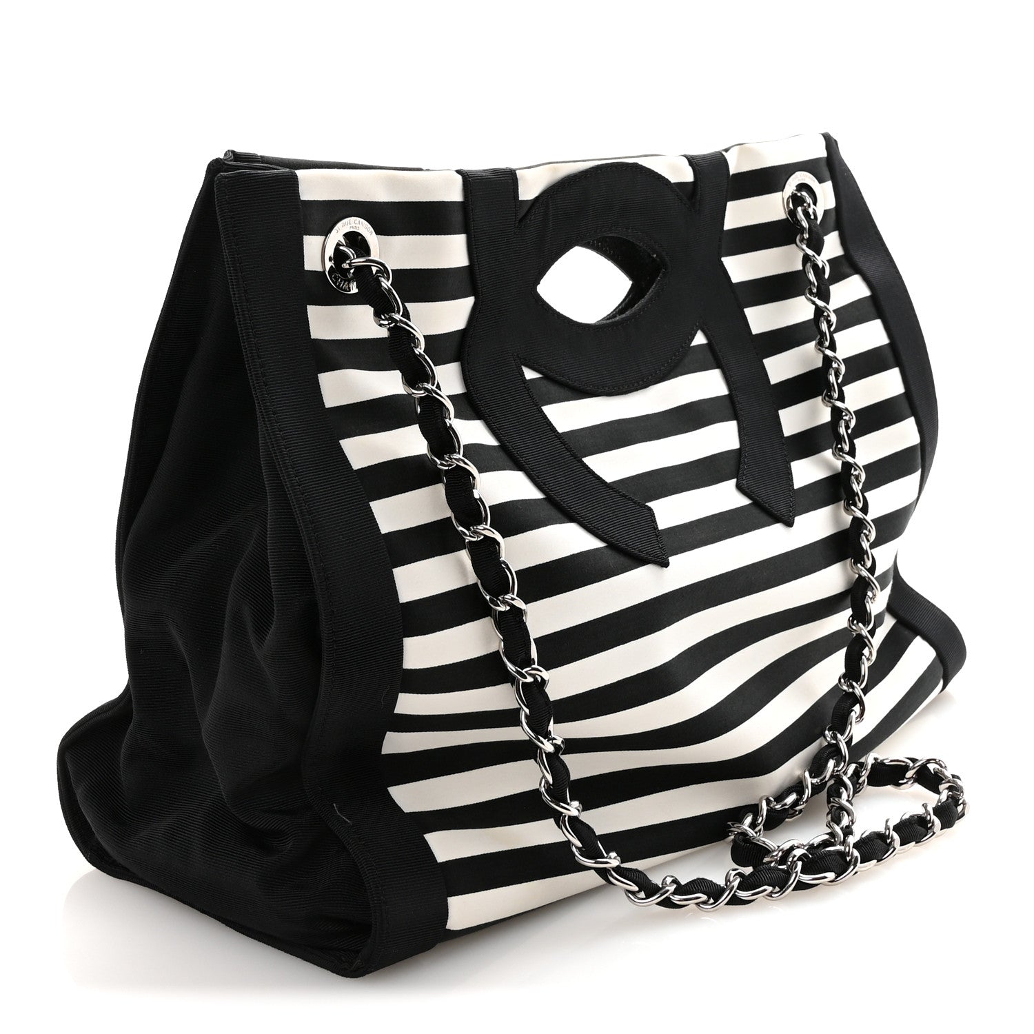 Canvas Grosgrain Striped CC Shopping Tote Black White