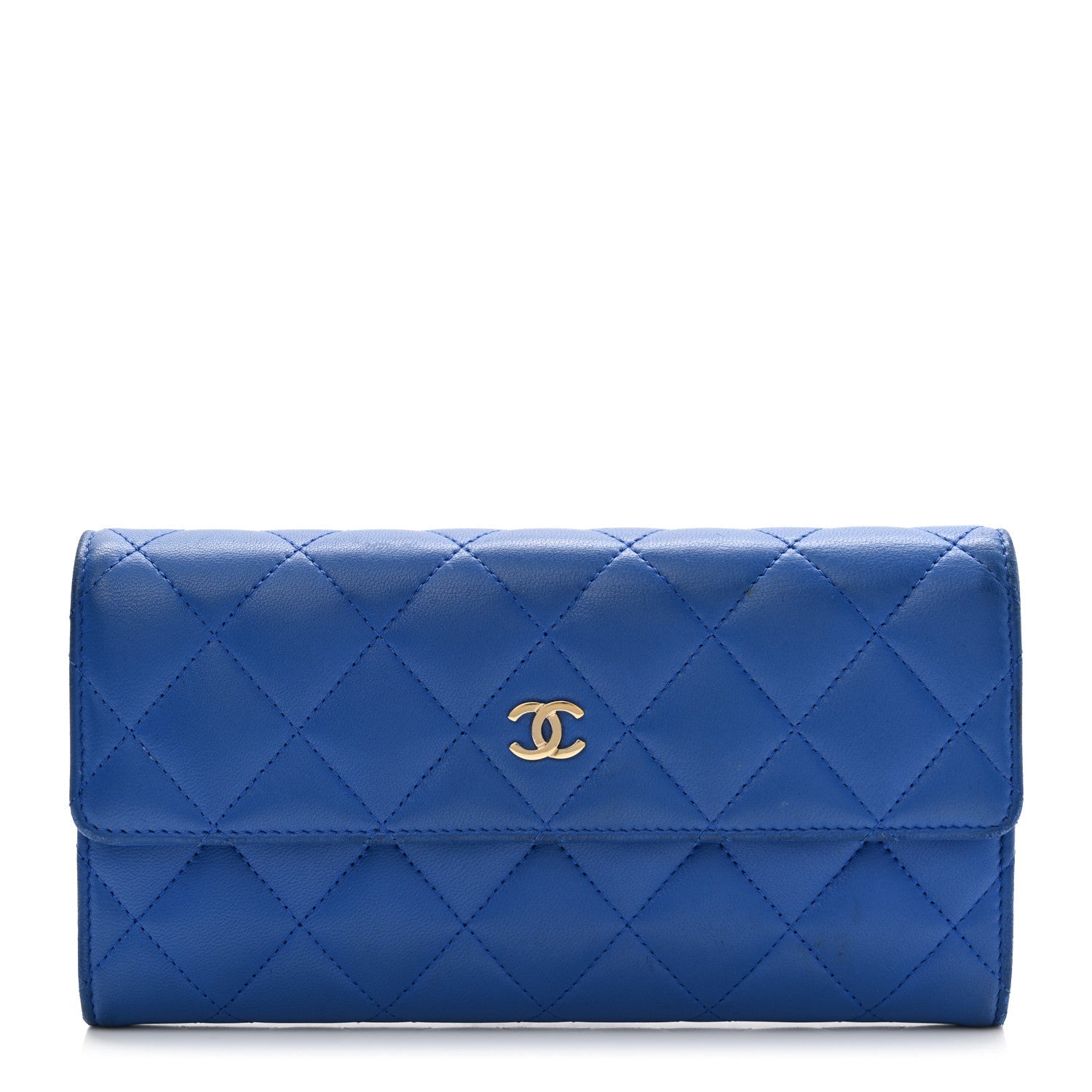 Lambskin Quilted Large Gusset Flap Wallet Blue