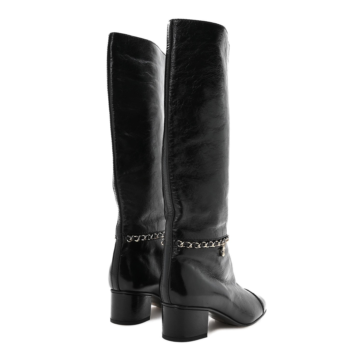 Crumpled Calfskin Cap Toe Chain Boots 36 Black