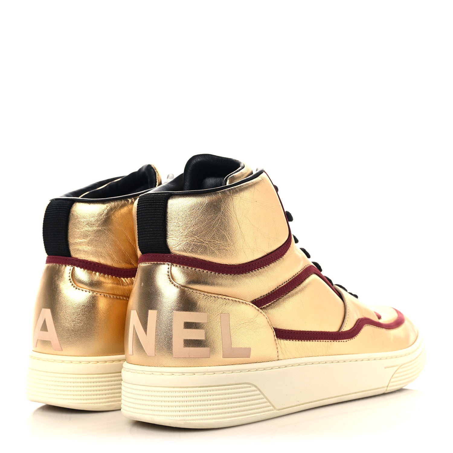 Metallic Satin Lambskin Mens Logo High Top Sneakers 45 Gold Burgundy