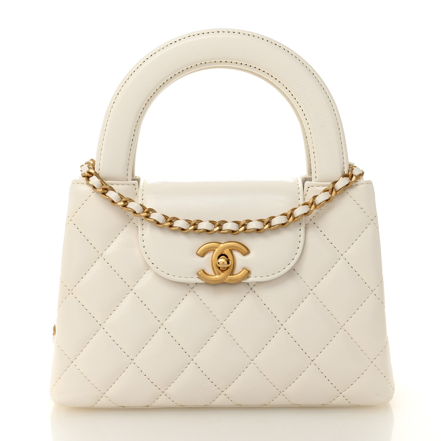 Shiny Aged Calfskin Quilted Nano Kelly Shopper White