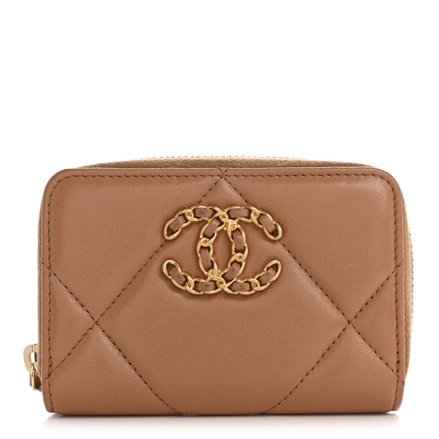 Lambskin Quilted Chanel 19 Zip Around Coin Purse Wallet Brown
