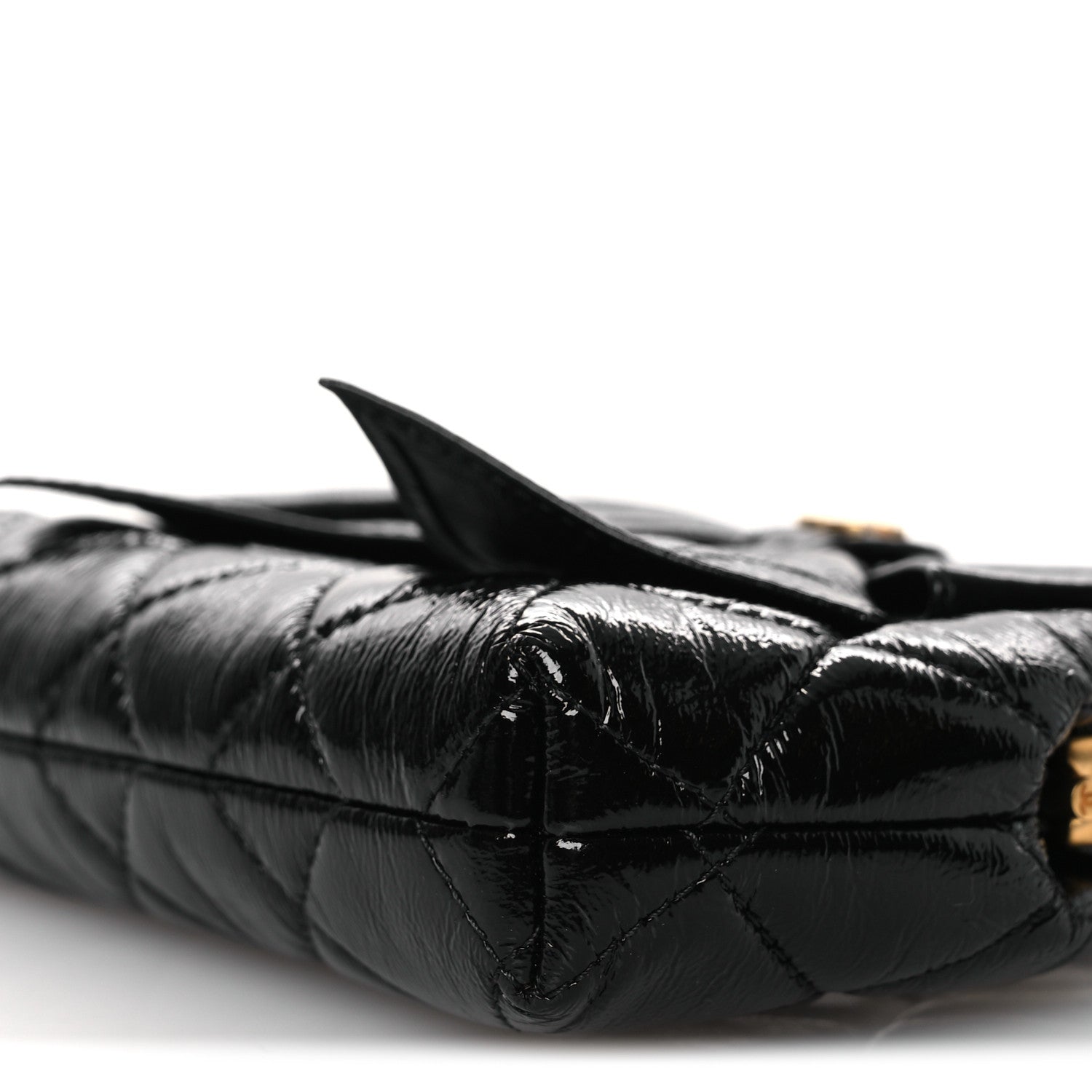 Patent Crumpled Lambskin Quilted Maxi Bow Clutch With Chain Black