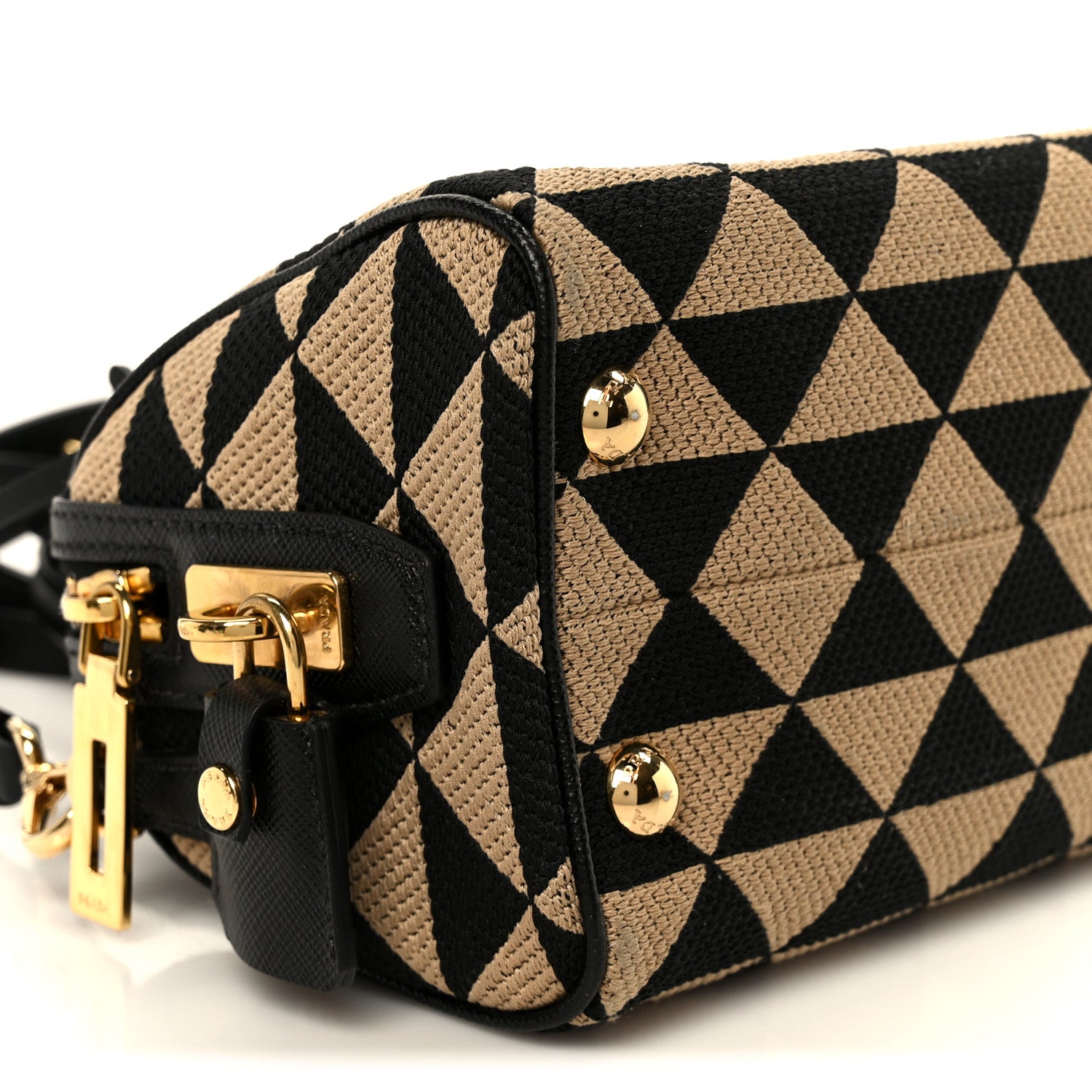 Jacquard Saffiano Triangolo Symbole Embroidered Top Handle Crossbody Bag Black Corda