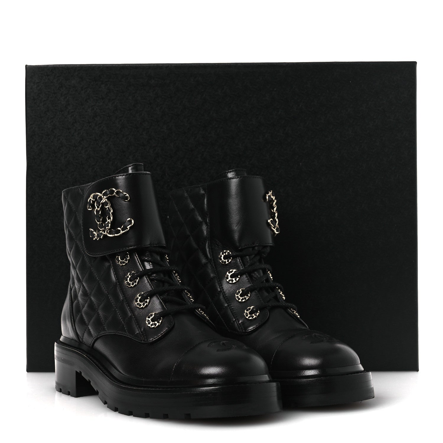 Shiny Lambskin Quilted Lace Up Combat Boots 37 Black