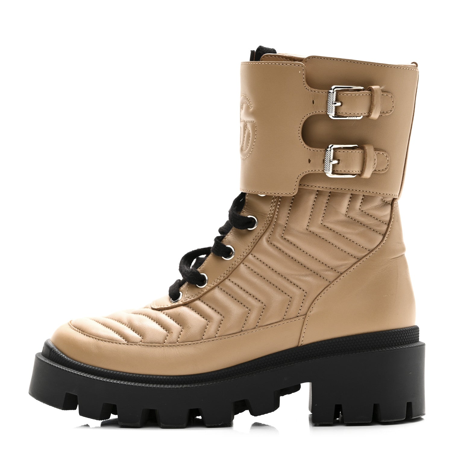 Nappa Frances GG Matelasse Platform Combat Boots 35 Natural Tan