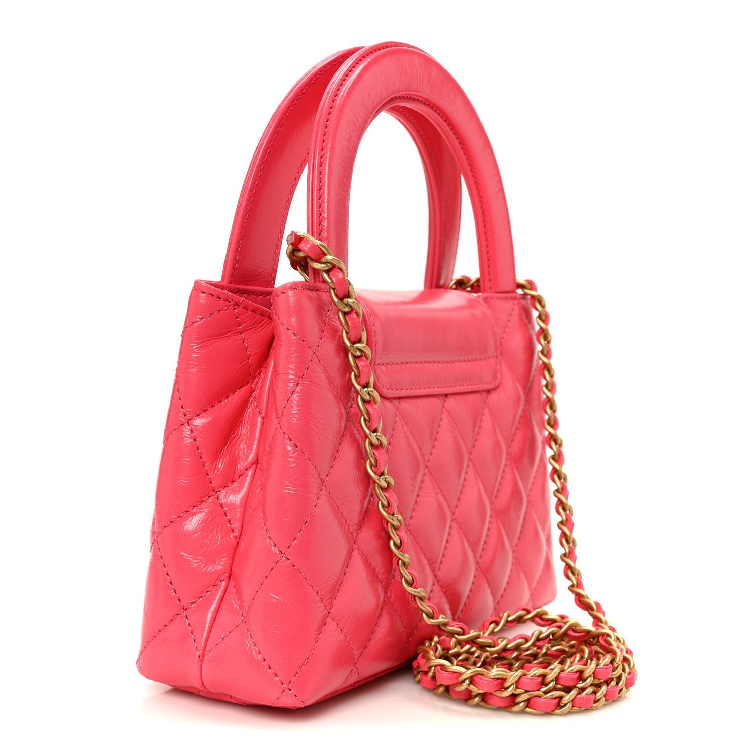 Shiny Aged Calfskin Quilted Nano Kelly Shopper Fuchsia