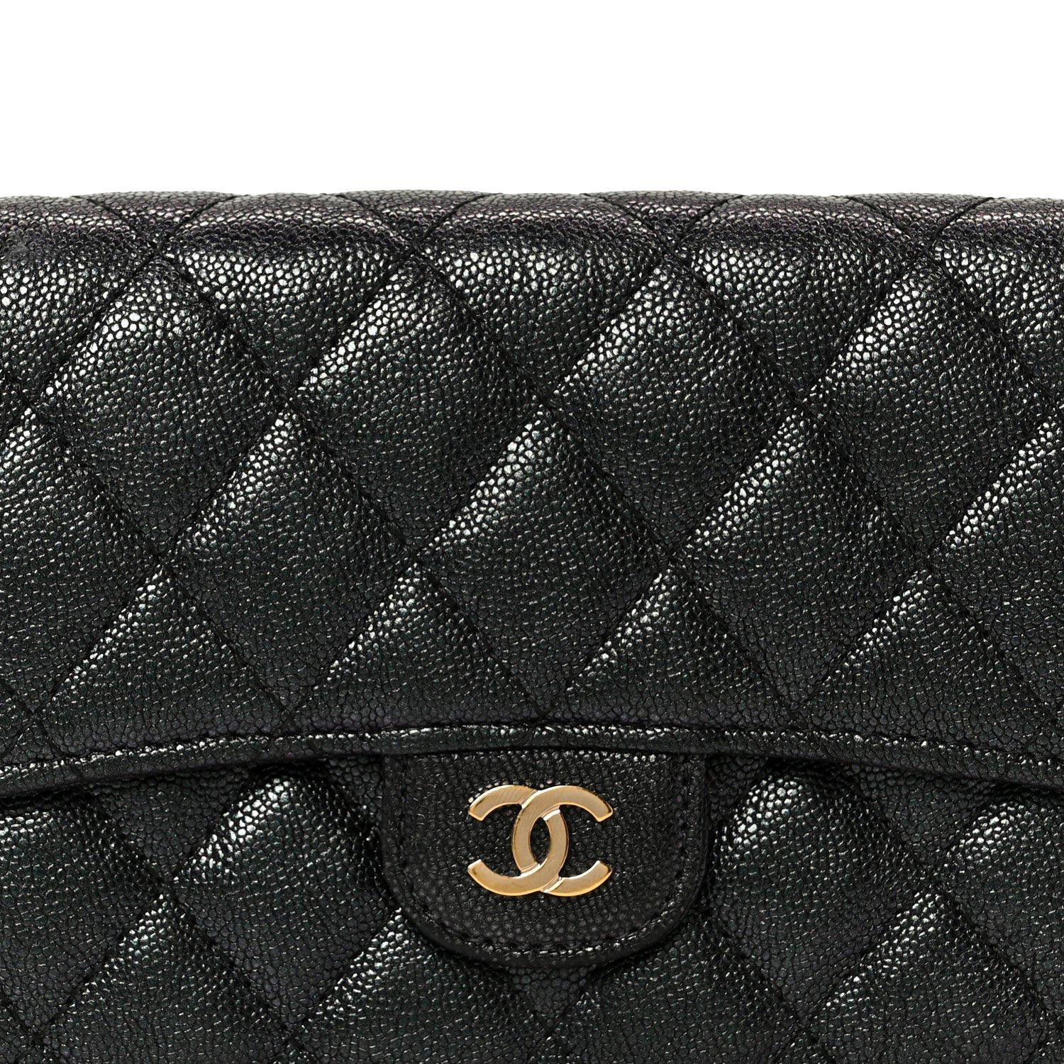 Iridescent Caviar Quilted Medium Flap Wallet Black