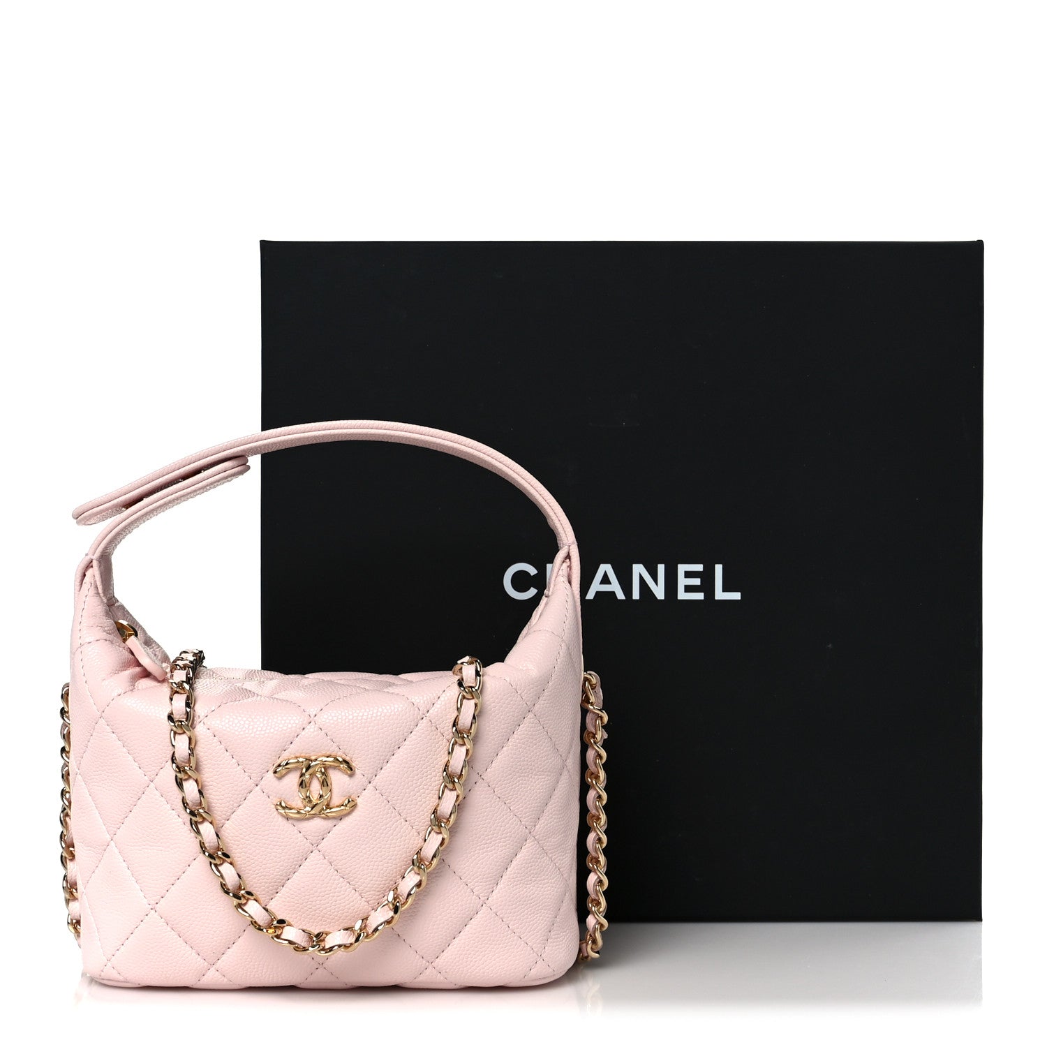 Shiny Caviar Hobo Clutch With Chain Light Pink
