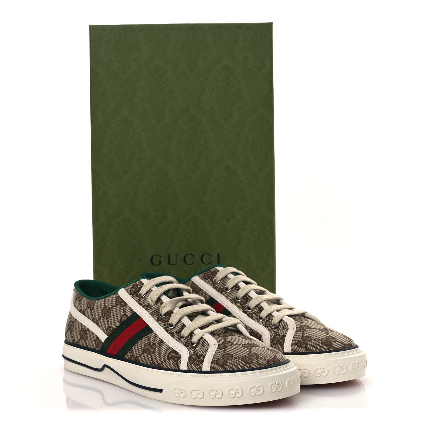 GG Monogram Web Mens 1977 Tennis Sneakers 8.5 Beige Ebony Mystic White Vert