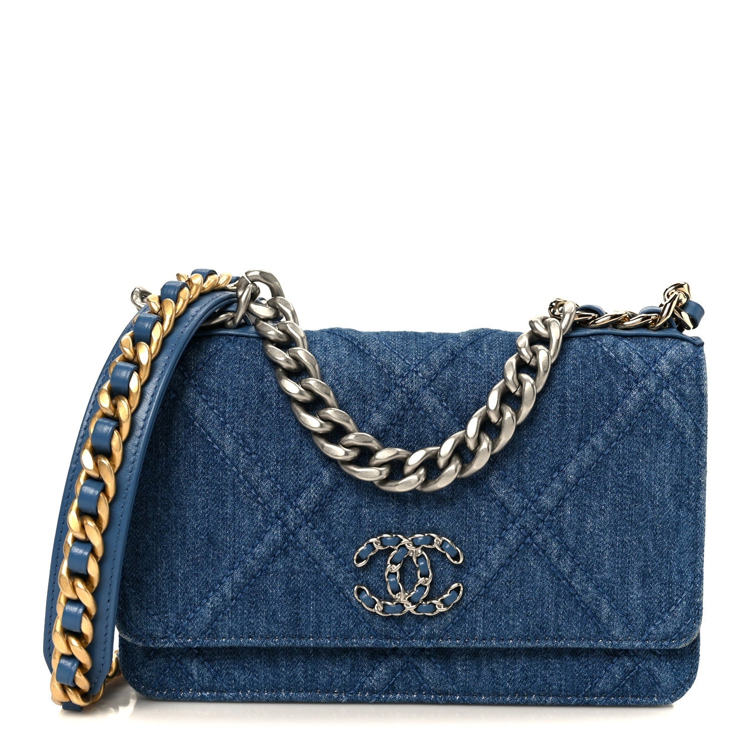 Denim Quilted Chanel 19 Wallet On Chain WOC Blue