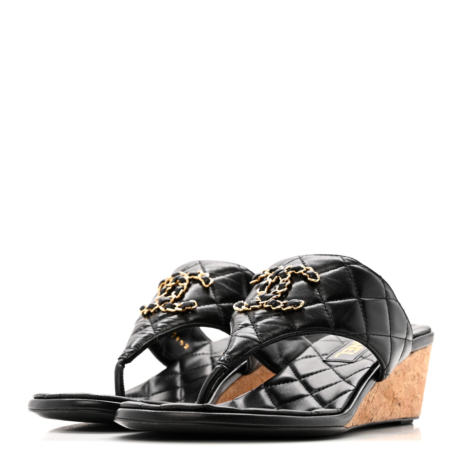 Shiny Goatskin Cork CC Wedge Sandals 37.5 Black