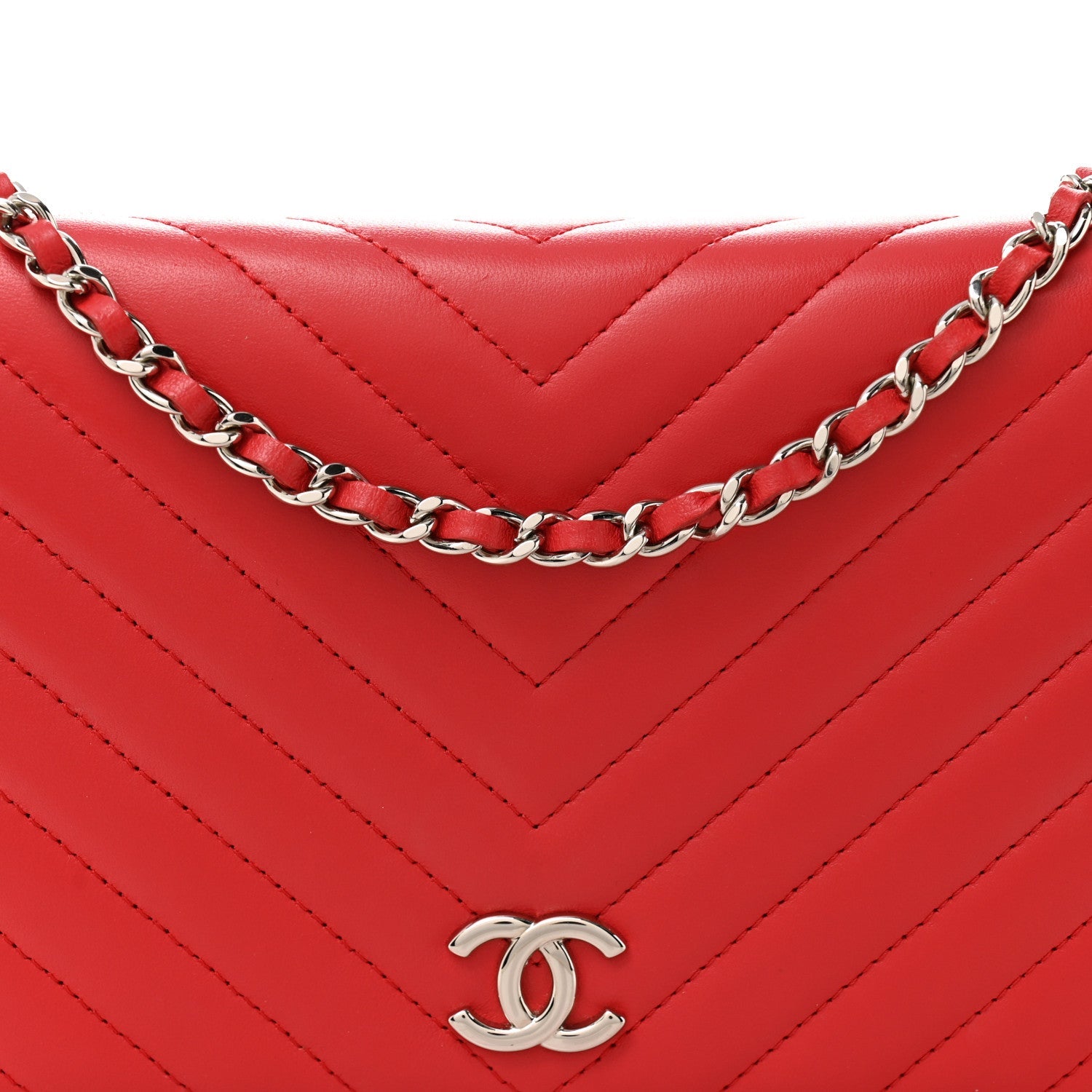 Lambskin Chevron Quilted Studded Wallet On Chain WOC Light Red