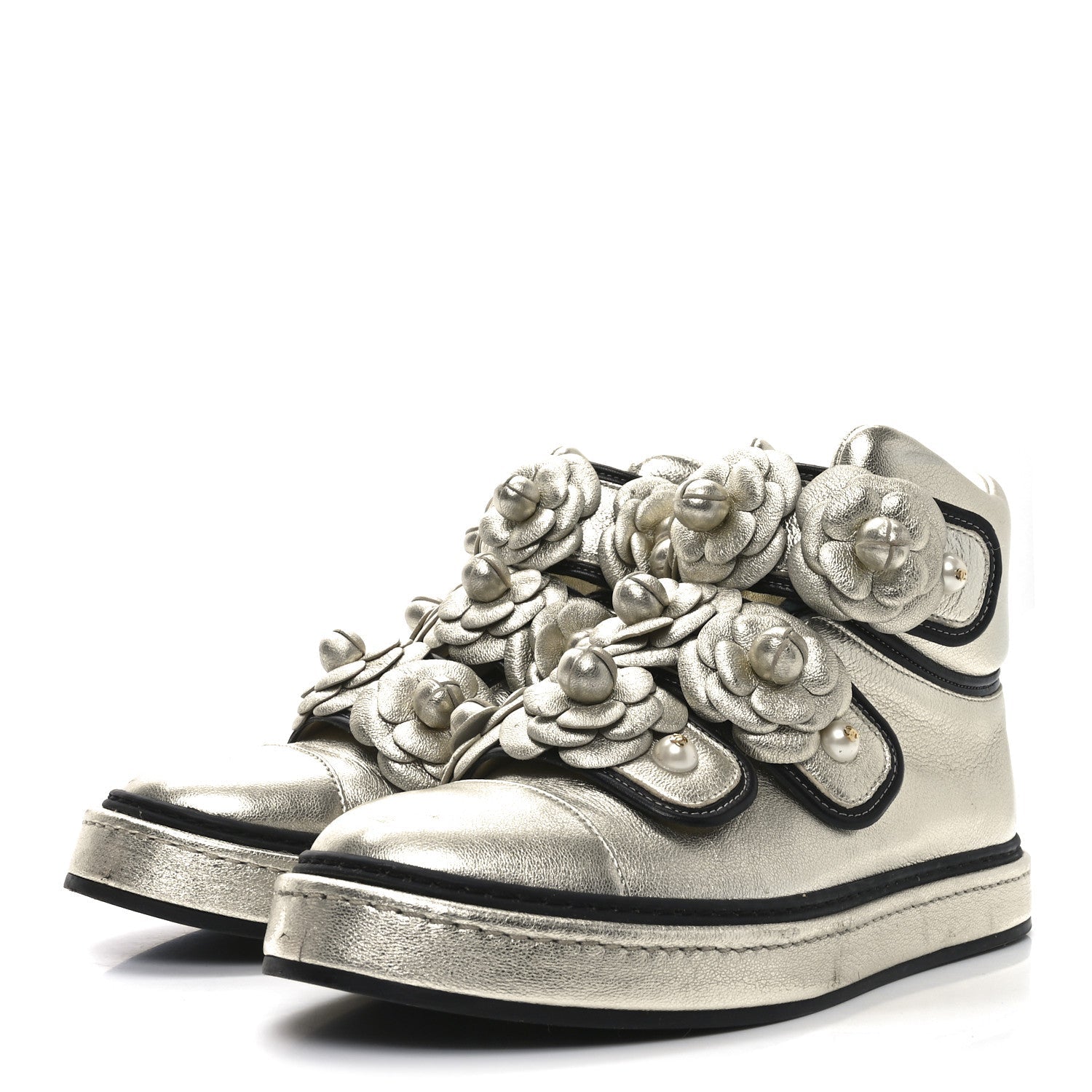 Metallic Lambskin Camellia High Top Sneakers 39.5 Gold