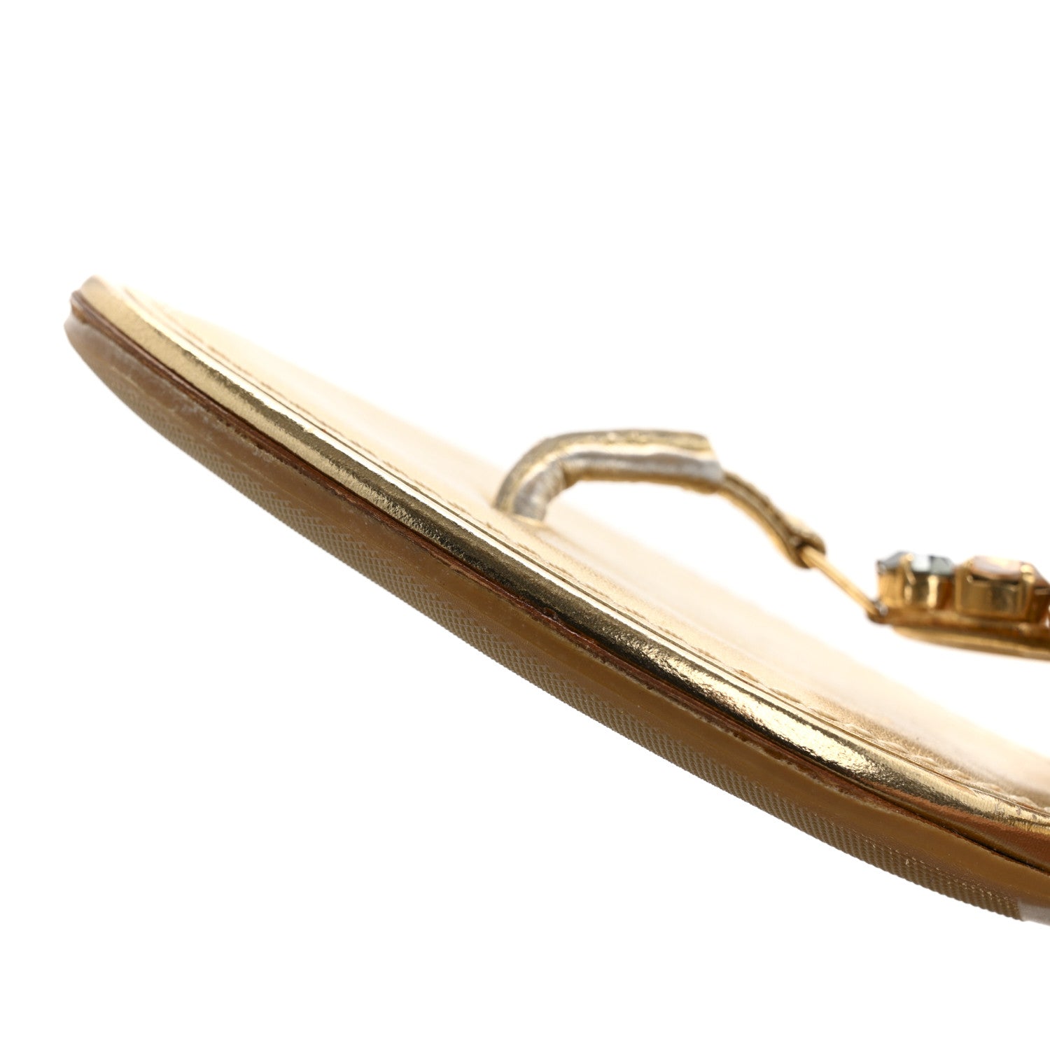 Metallic Calfskin Crystal Flower Thong Flat Sandals 37.5 Gold