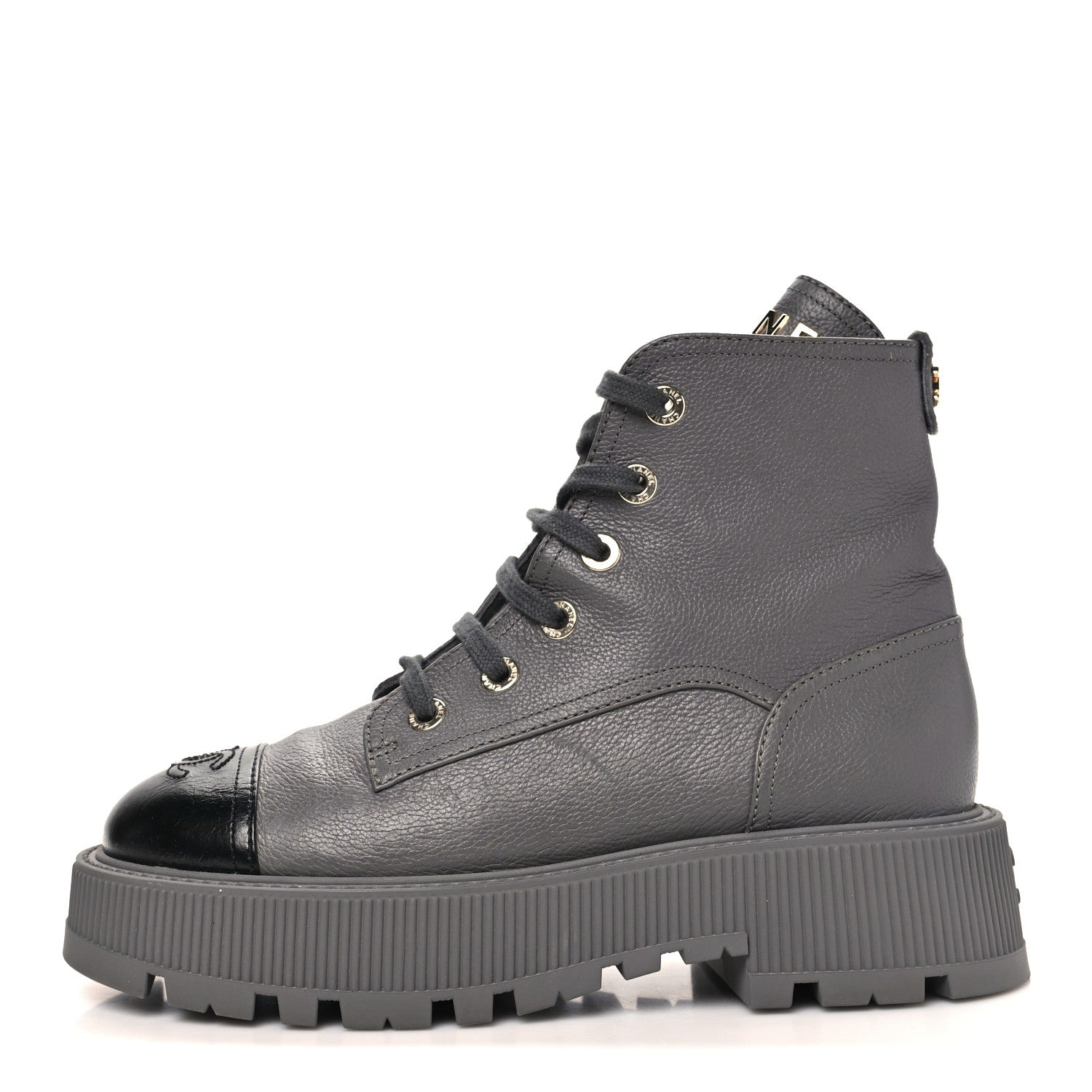 Grained Calfskin Shiny Calfskin CC Lace Up Combat Boots 39.5 Grey