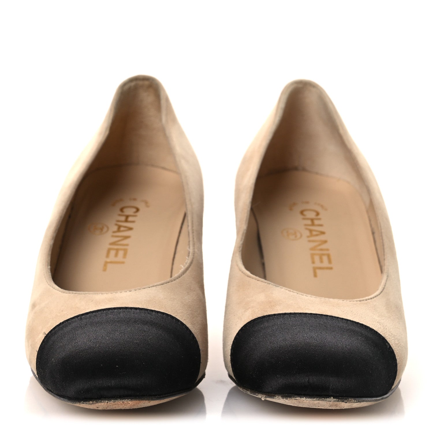 Suede Satin Cap Toe Low Heel Pumps 36 Beige Black