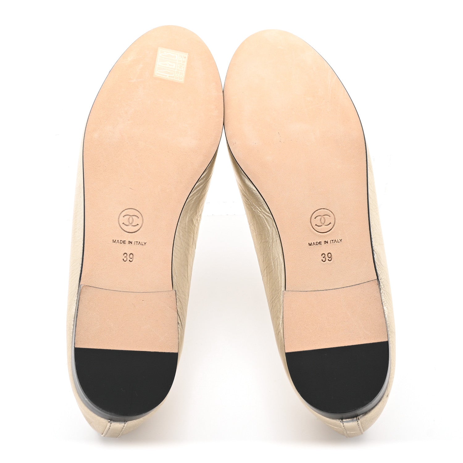 Metallic Laminated Lambskin Grosgrain CC Cap Toe Ballerina Flats 39 Light Gold Black