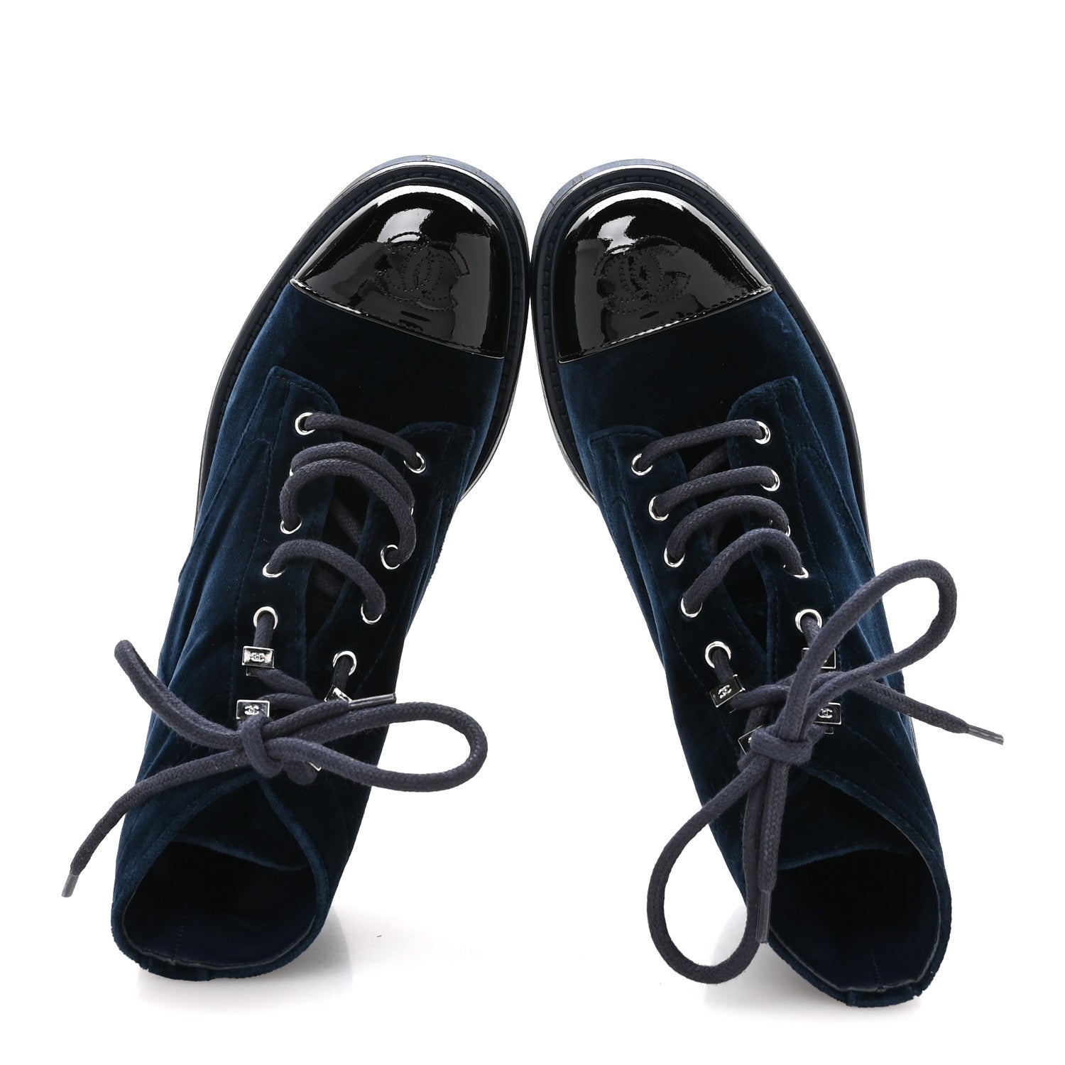 Velvet Patent Calfskin Lace Up Combat Boots 36.5 Blue Black