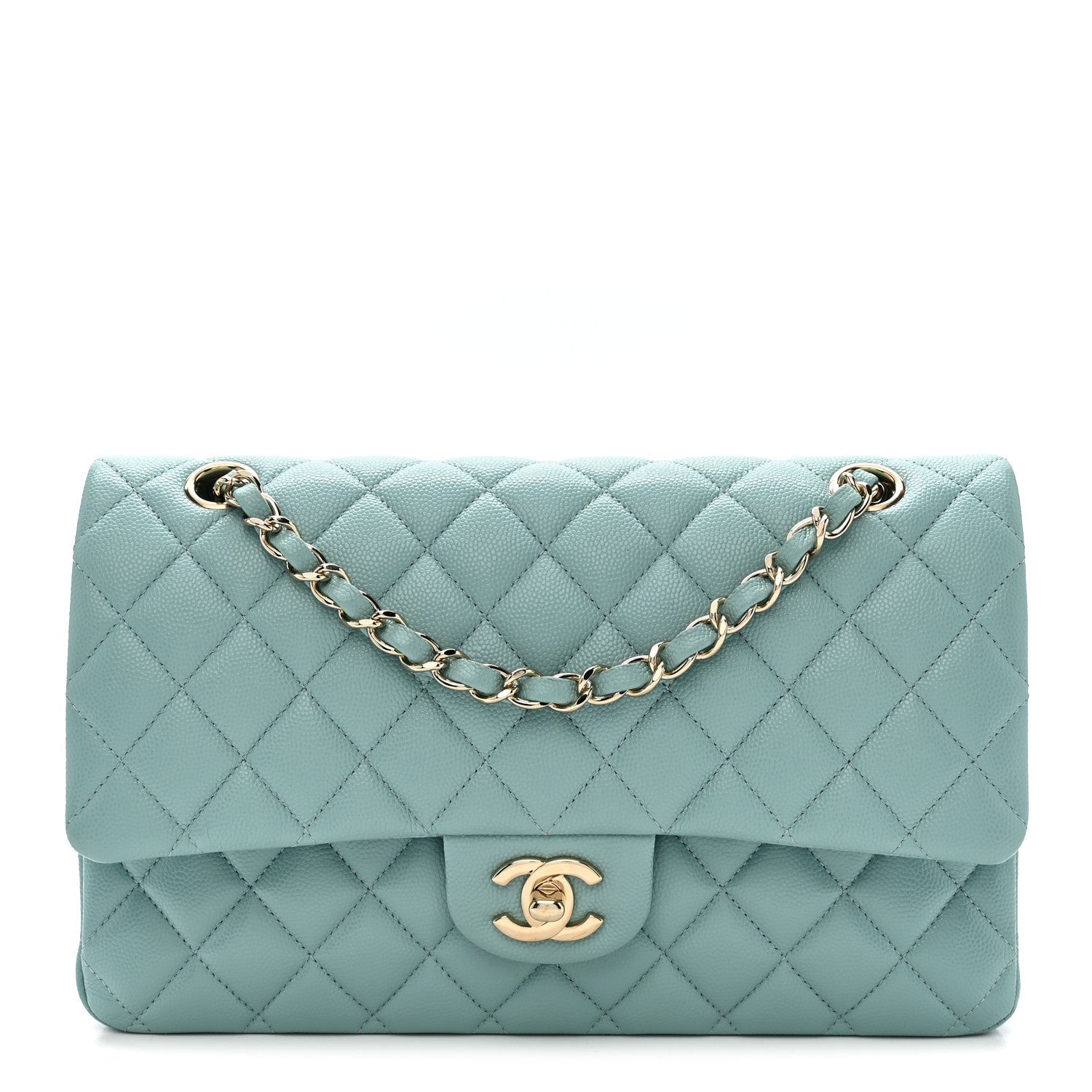 Caviar Quilted Medium Double Flap Light Blue
