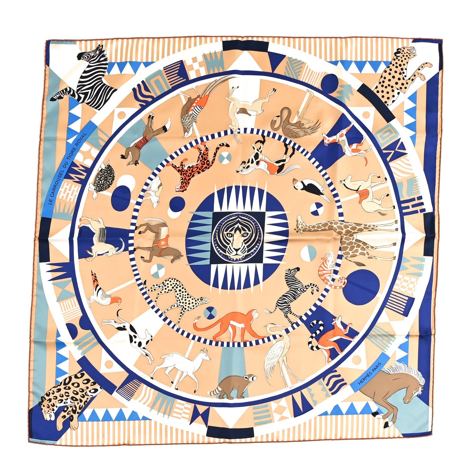 Silk Le Carrousel Du Tigre Royal Scarf 90 Beige Dore Indigo Creme