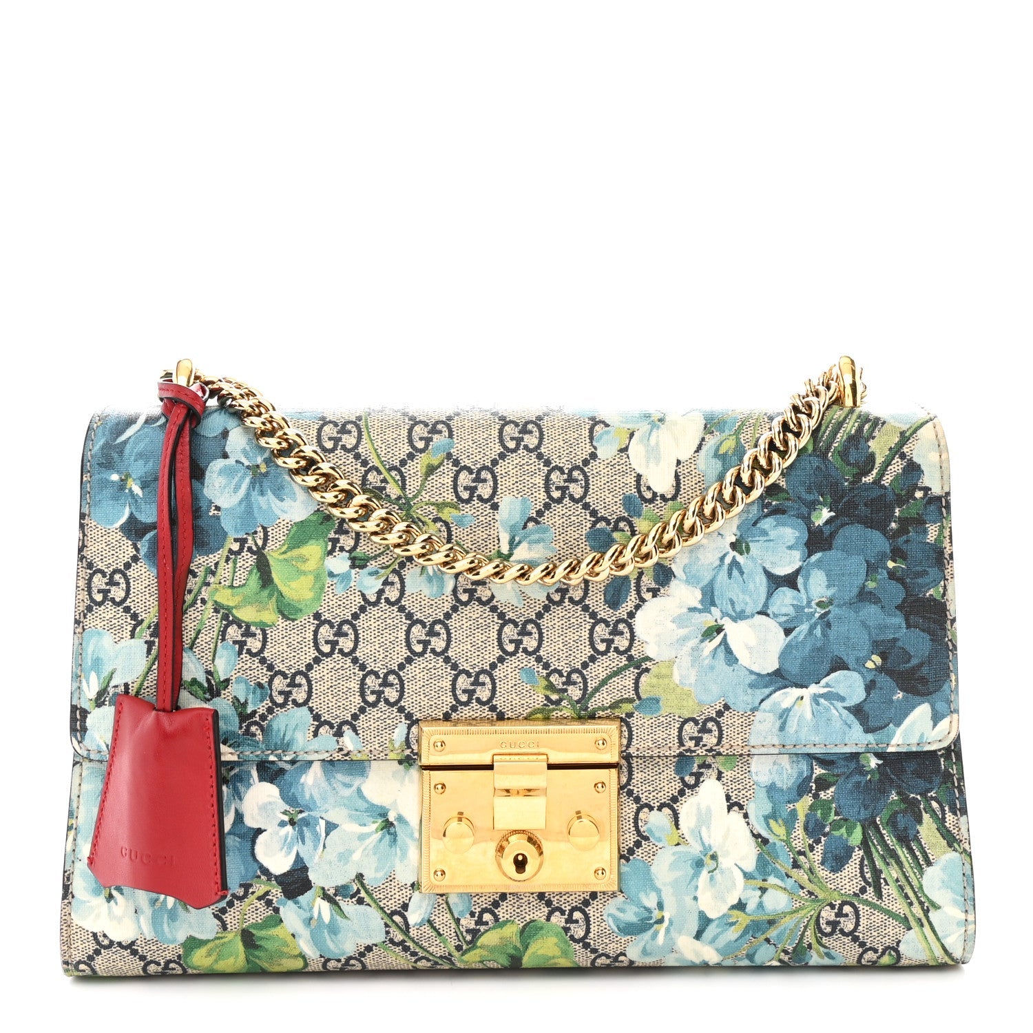 GG Supreme Monogram Blooms Medium Padlock Shoulder Bag Beige Blue Navy Hibiscus Red