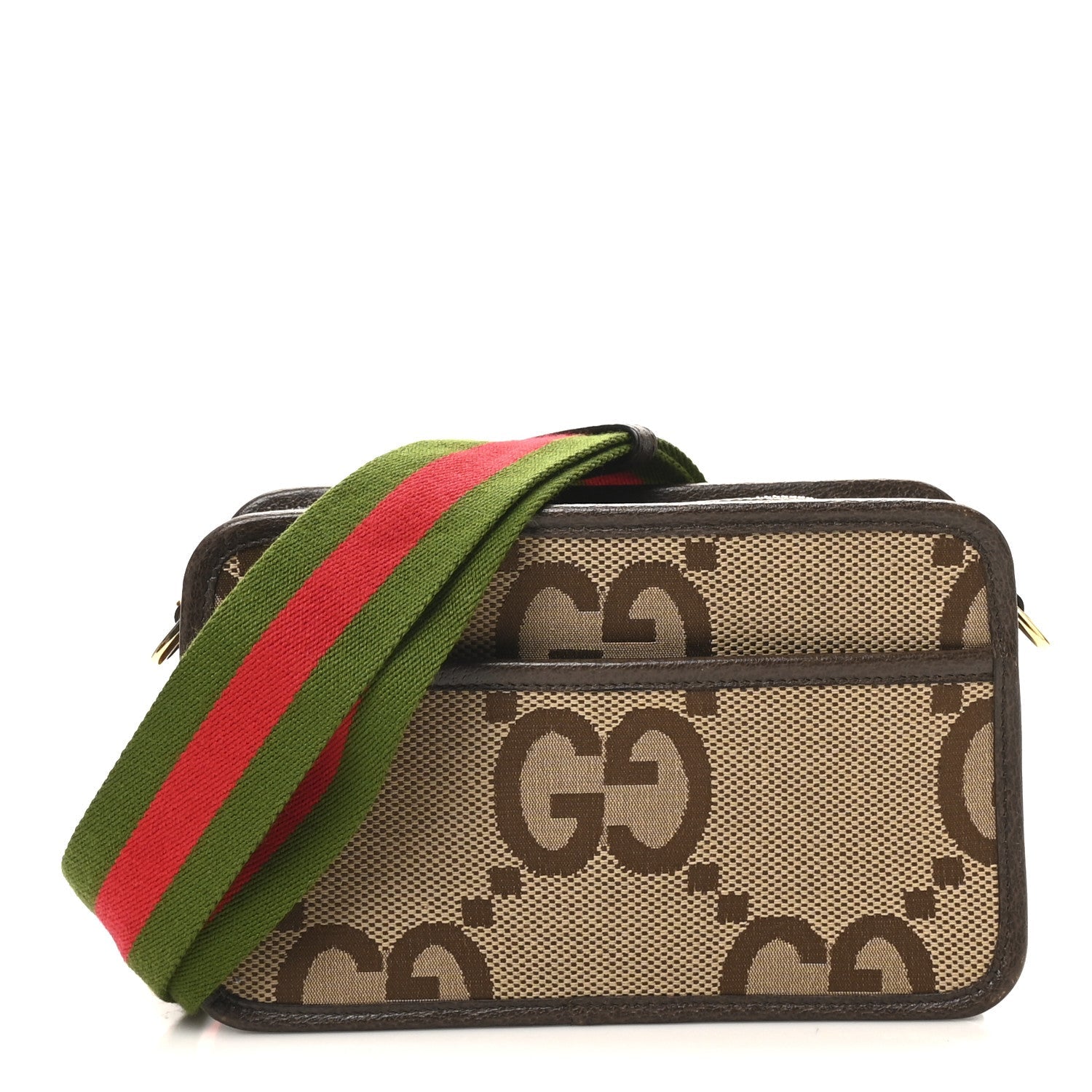 Monogram Jumbo GG Textured Dollar Calfskin Web Mini Crossbody Bag Camel Ebony New Acero