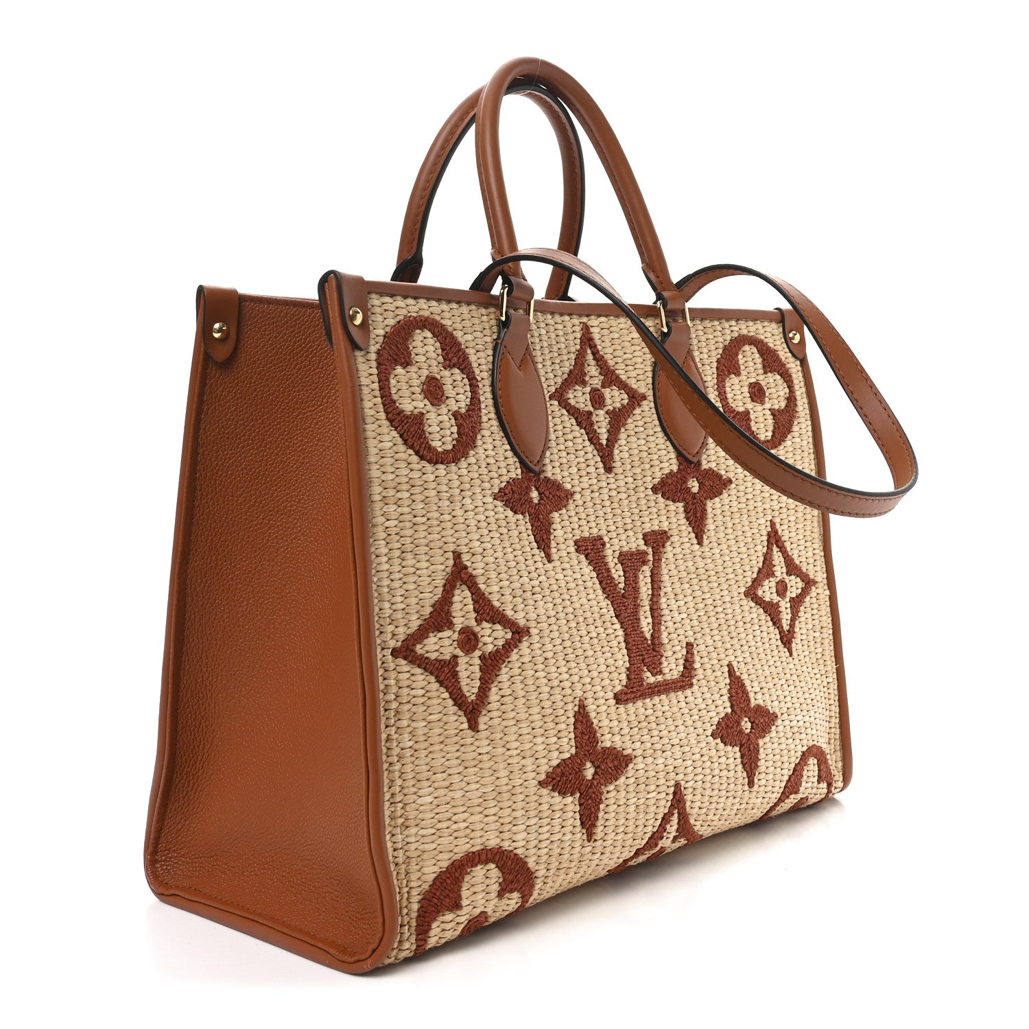 Raffia Calfskin Monogram Giant Onthego MM Tan