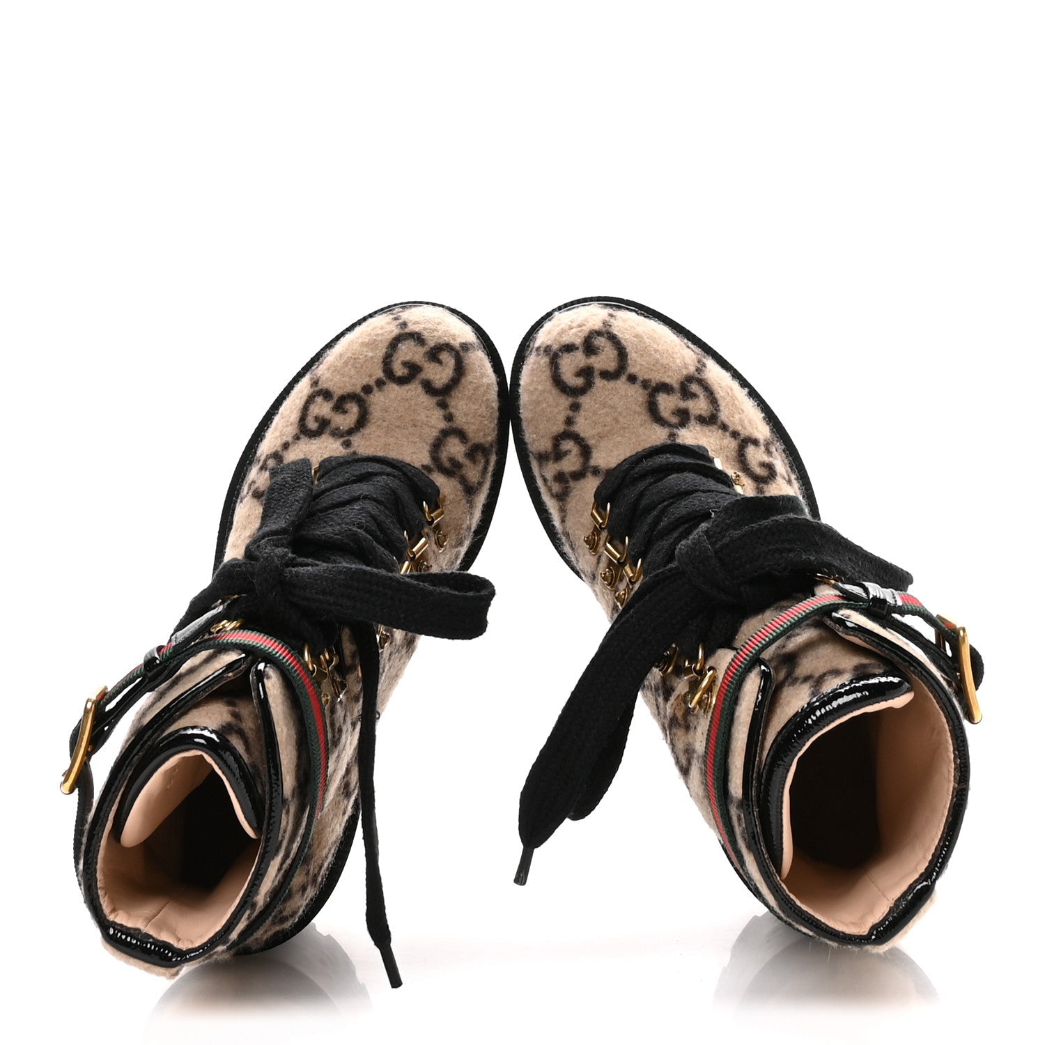 Covered Wool GG Monogram Womens Lace Up Combat Ankle Boots 35 Beige Ebony Black