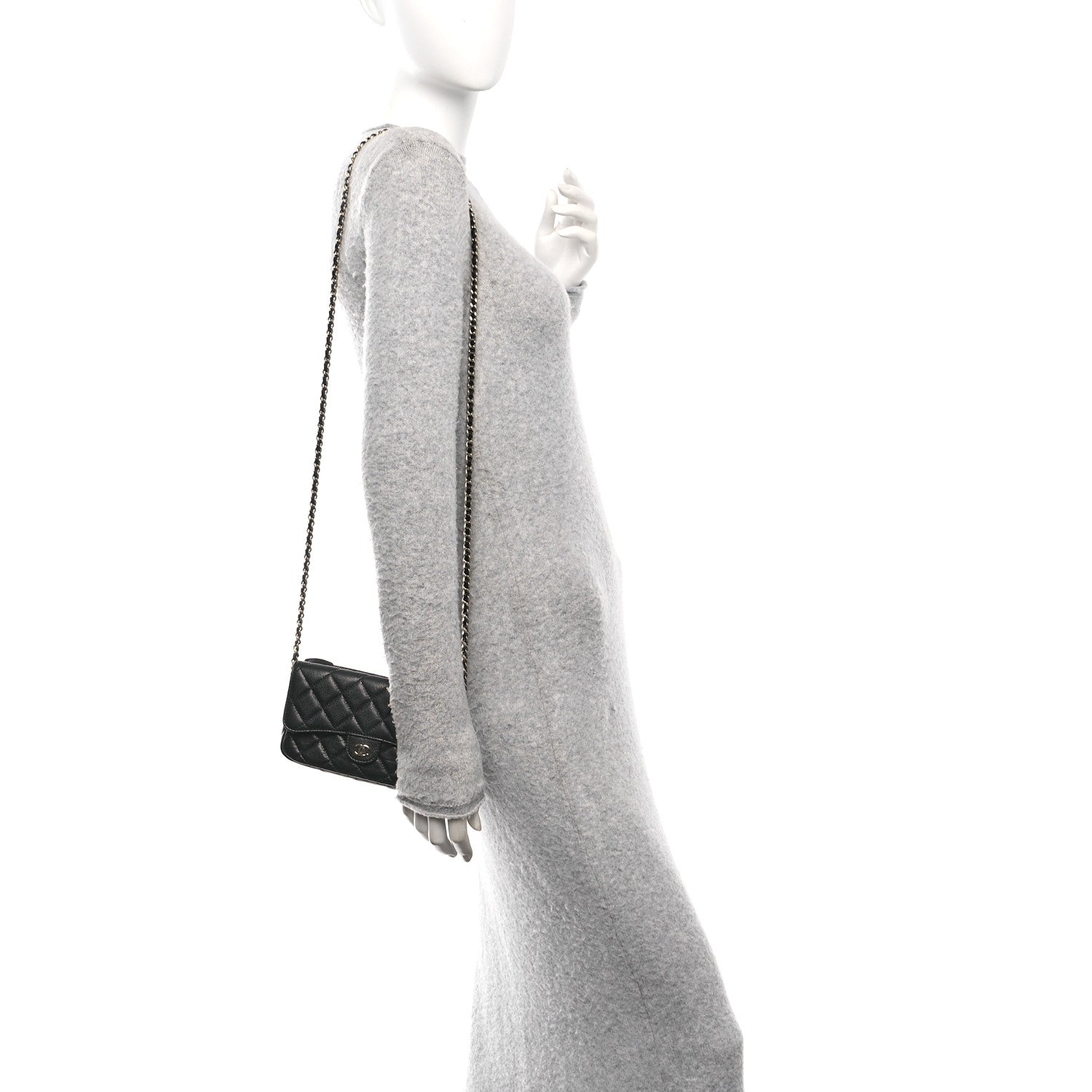 Caviar Quilted Flap Phone Holder With Chain Black