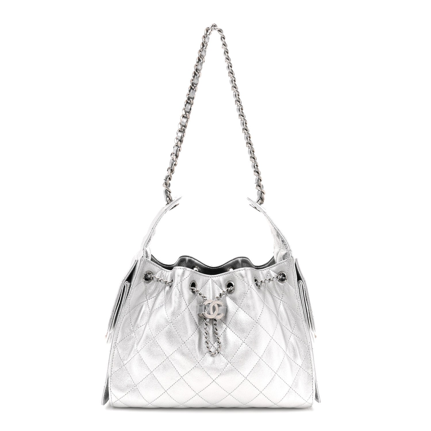 Metallic Caviar Quilted Small Chanel 25 Handbag Silver