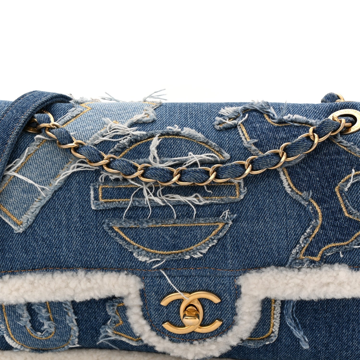 Denim Shearling Hieroglyph Flap Blue