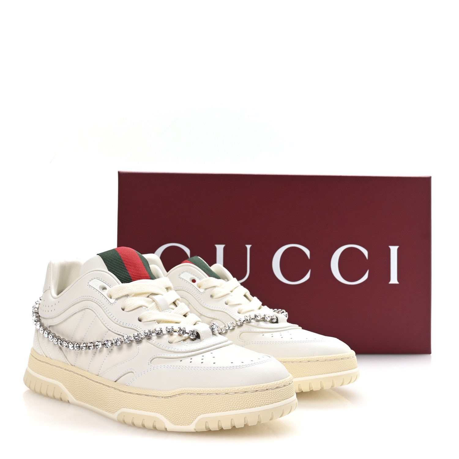 Calfskin Womens Re-Web Removable Crystal Sneakers 38.5 White