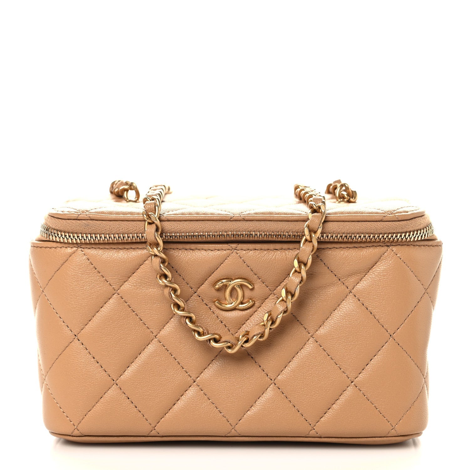 Lambskin Quilted Pearl Crush Small Vanity Case With Chain Beige