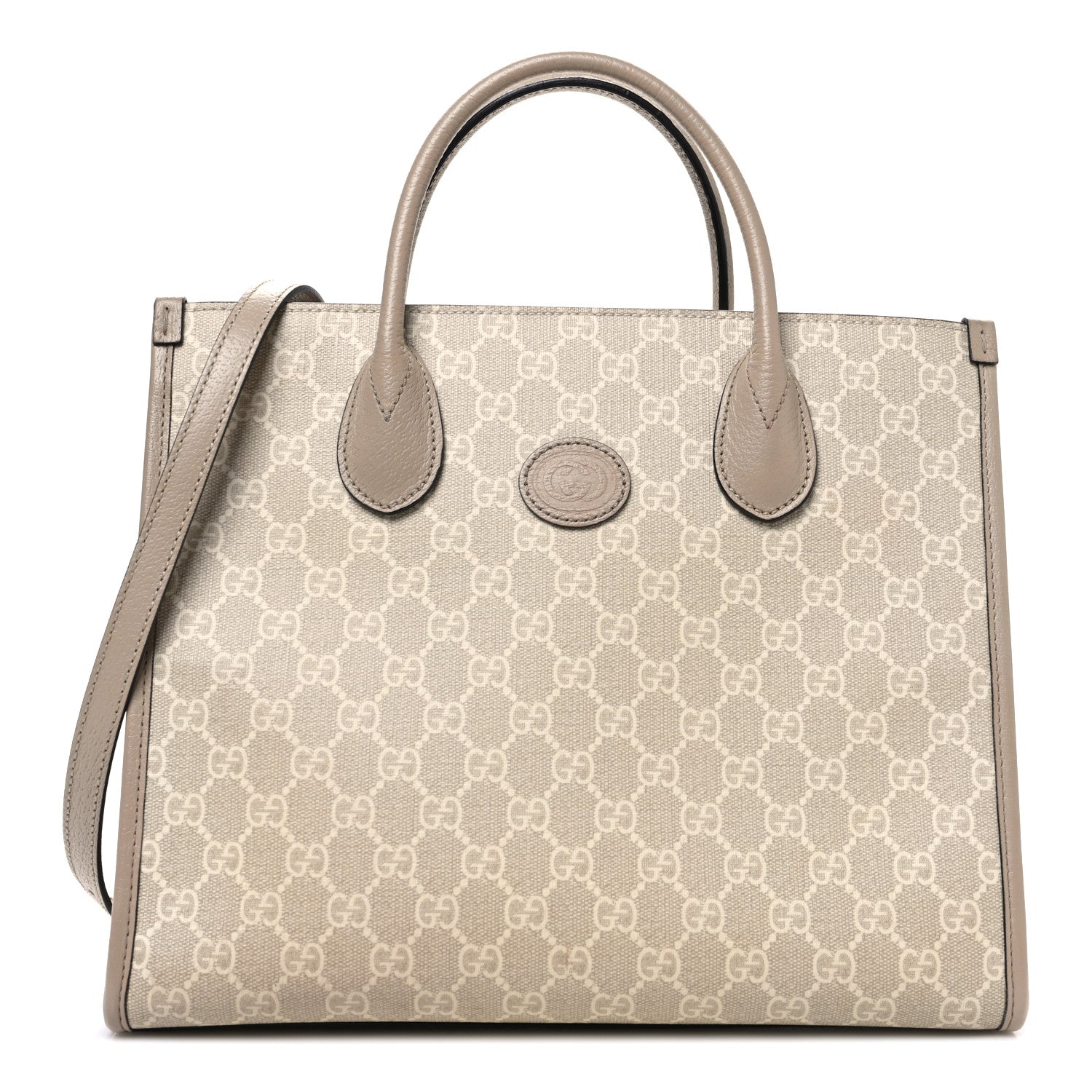 GG Supreme Monogram Textured Dollar Calfskin Small Retro Interlocking G Tote Bag Beige Mystic White Oatmeal