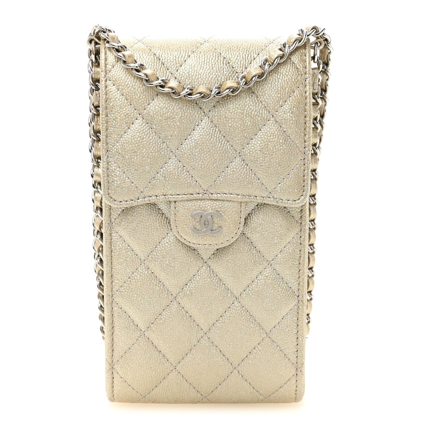 Metallic Caviar Quilted Classic Phone Holder Gold