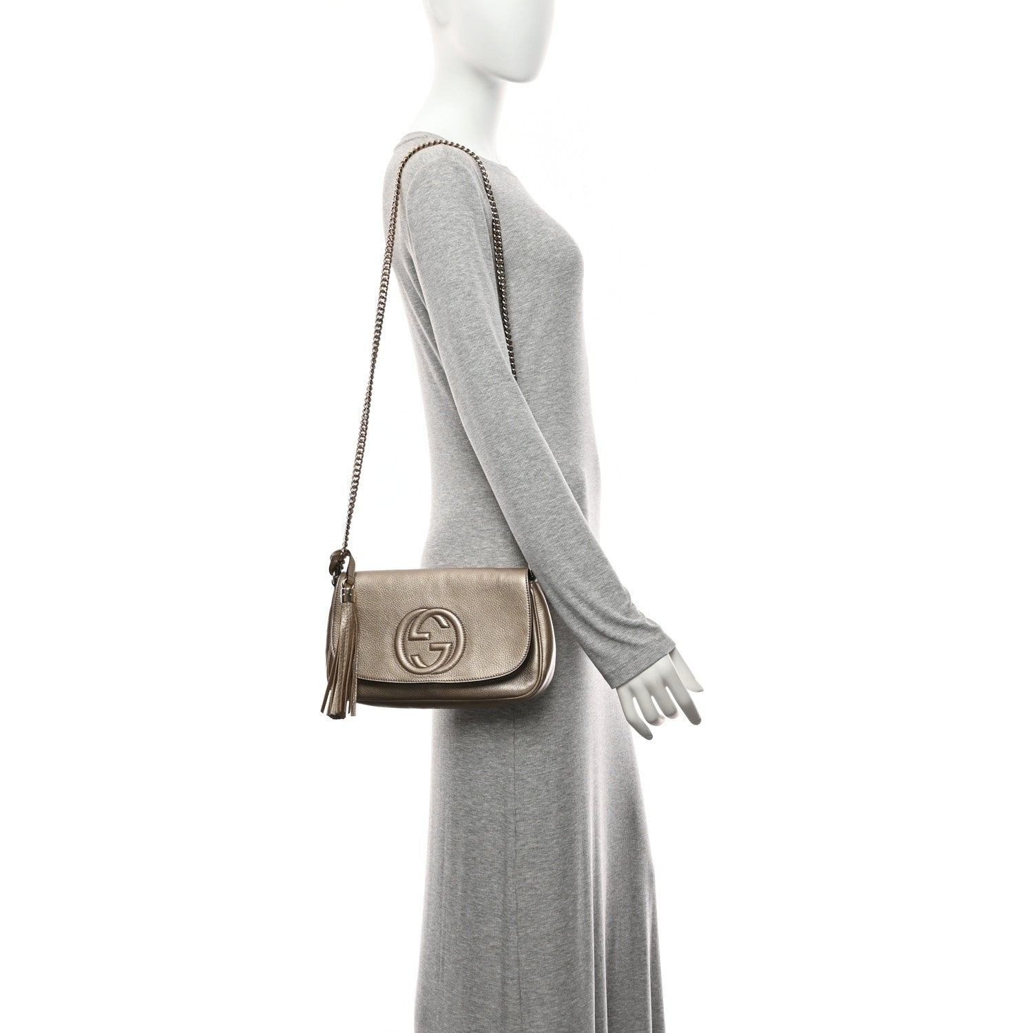 Metallic Pebbled Calfskin Medium Soho Flap Crossbody Golden Beige
