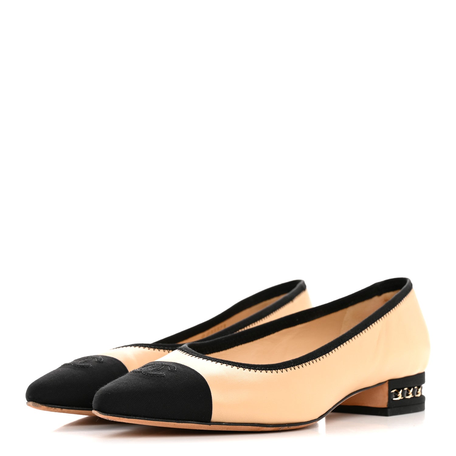 Lambskin Grossgrain Cap Toe Chain CC Flats 39 Beige Black