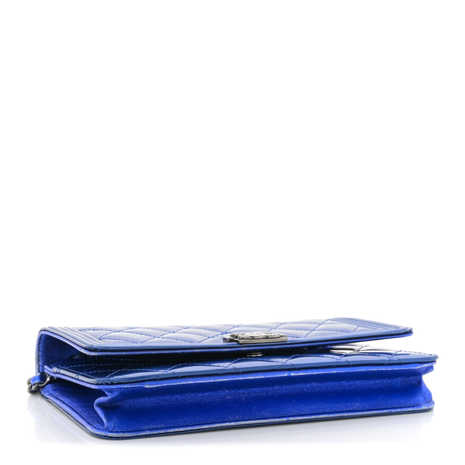 Metallic Patent Calfskin Quilted Boy Wallet on Chain WOC Blue
