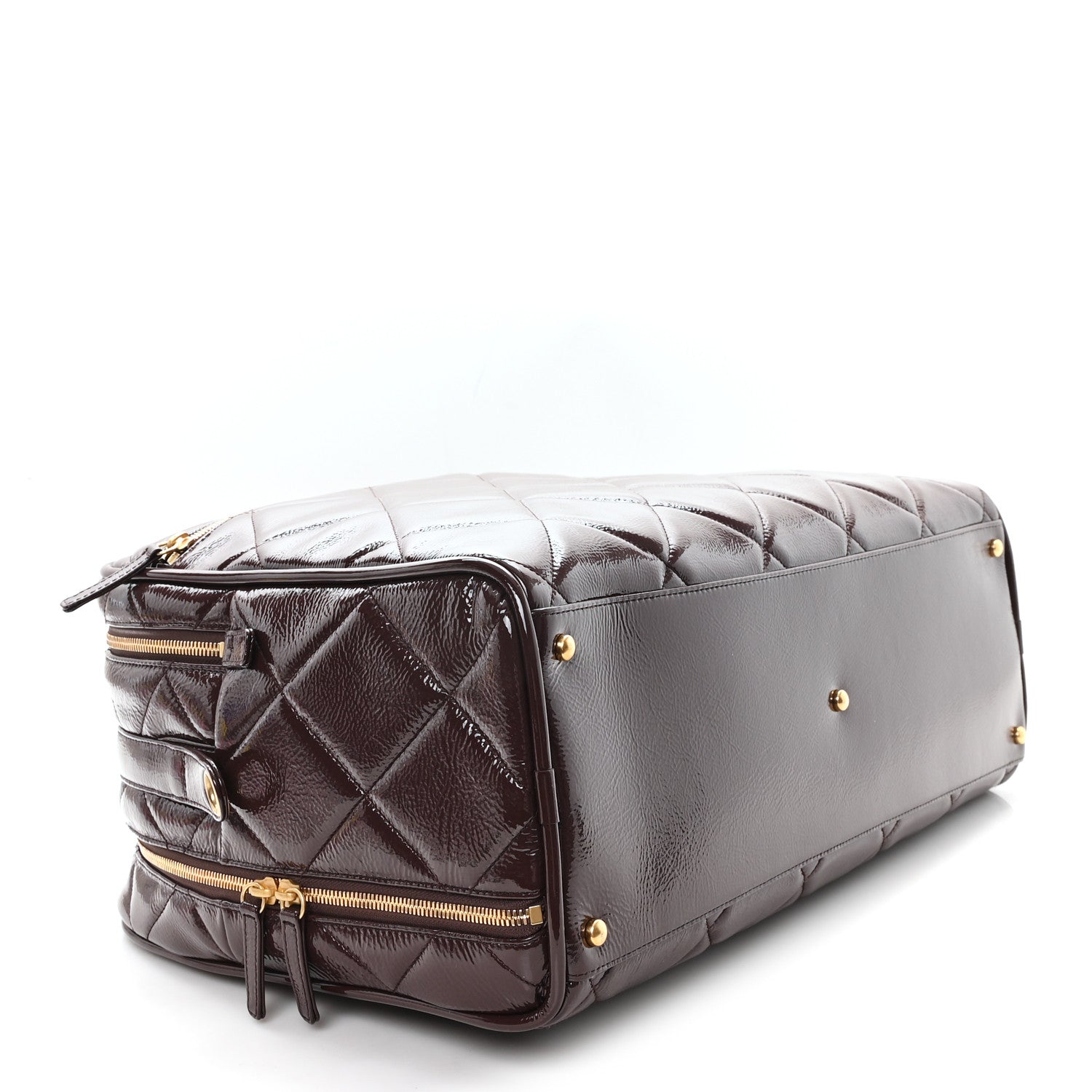Patent Crumpled Calfskin Quilted Travel Bowling Bag Dark Brown