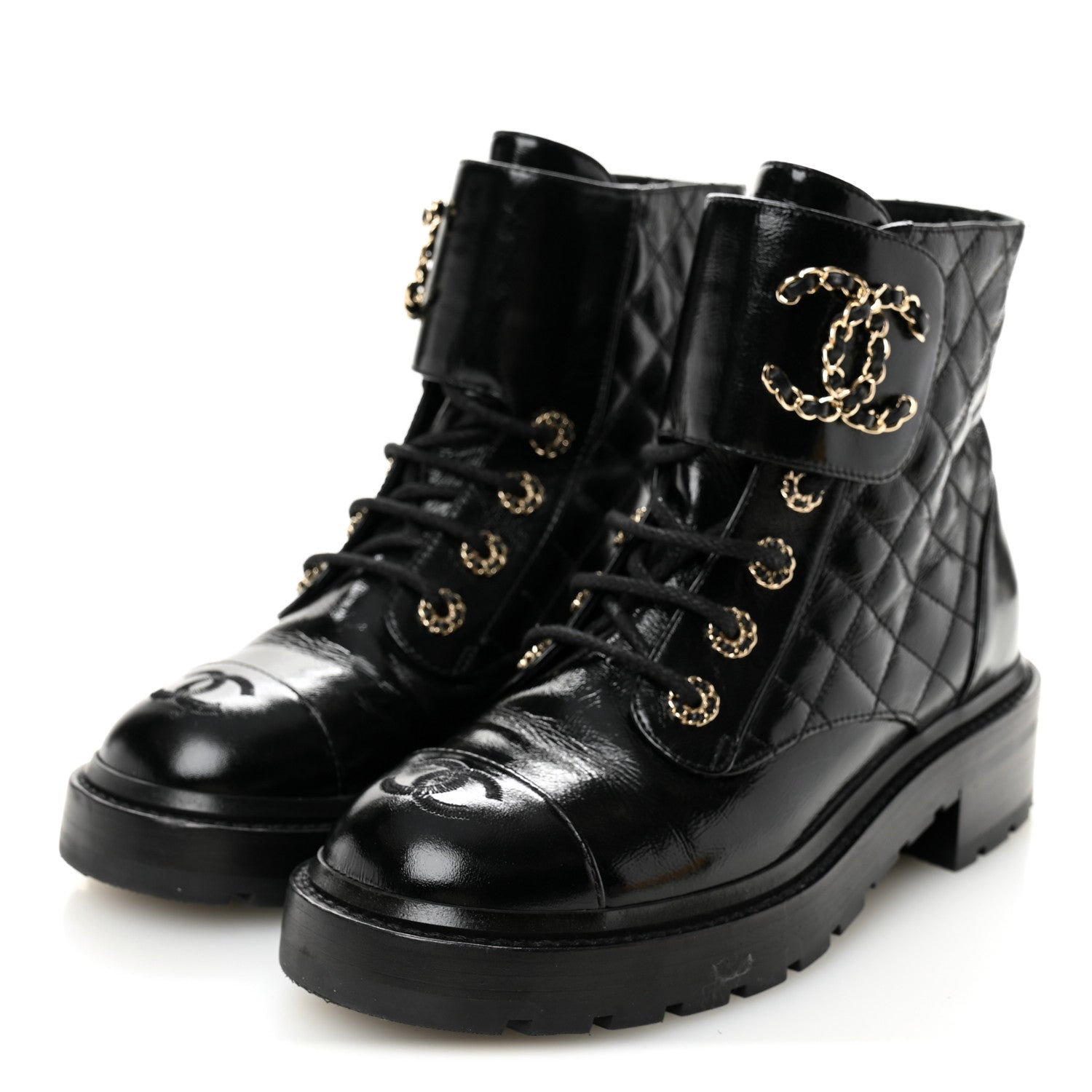 Shiny Calfskin Quilted Lace Up Combat Boots 37.5 Black