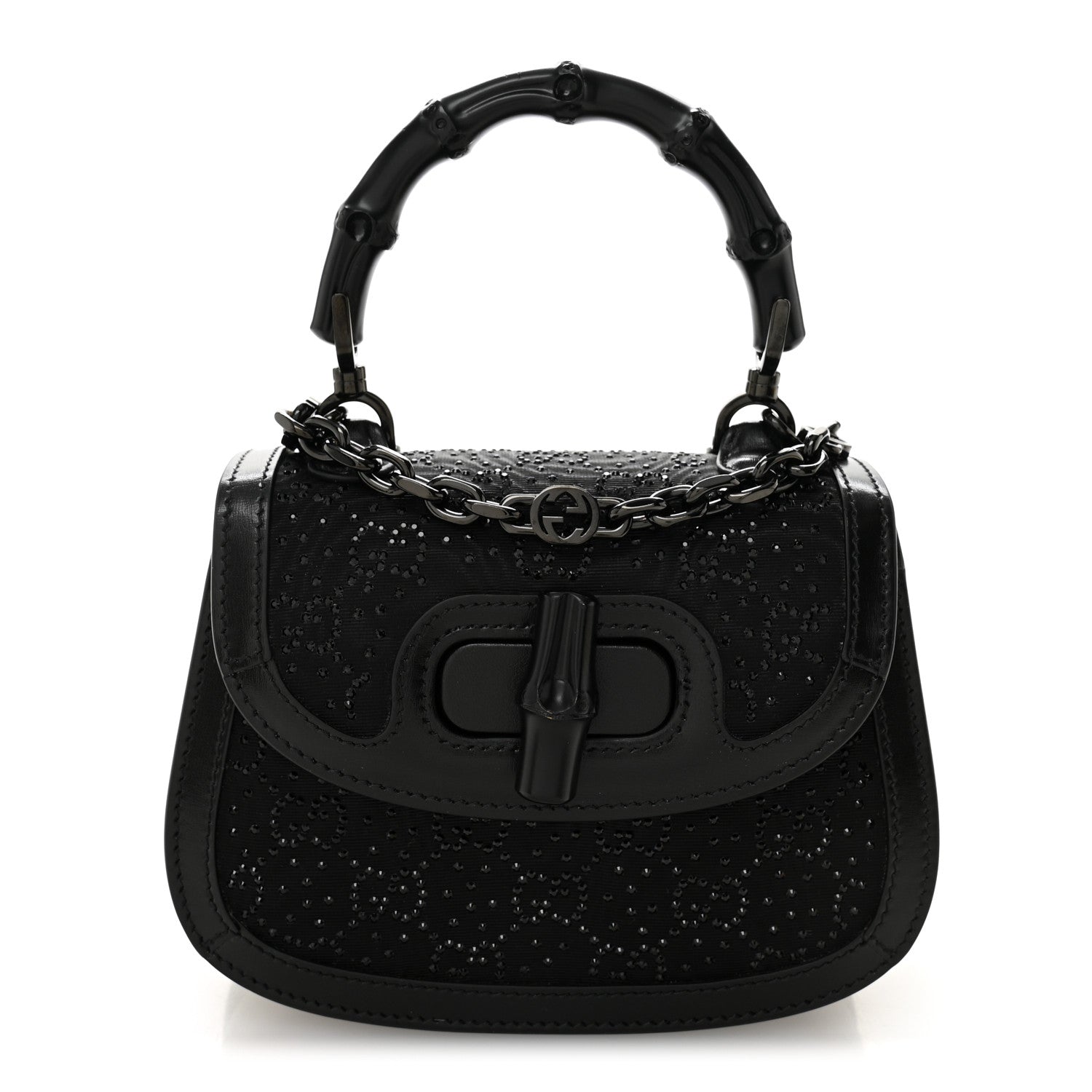Moire Fabric Calfskin Rhinestone Monogram Monochrome Mini Bamboo 1947 Top Handle Chain Bag Black