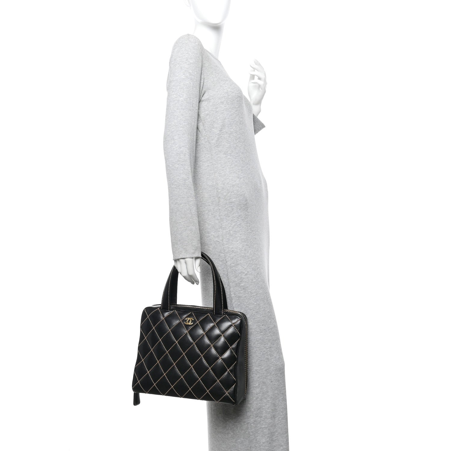Calfskin Wild Stitch Vertical Top Handle Bag Black
