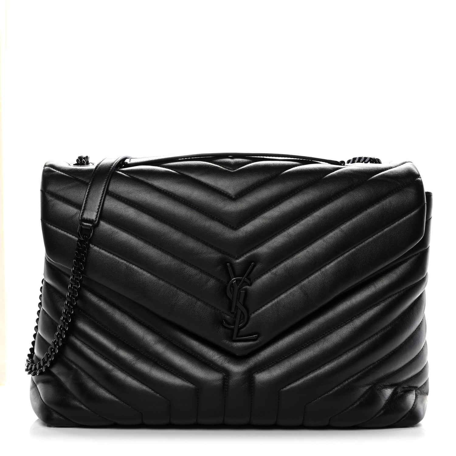 Calfskin Y Quilted Monogram Monochrome Large Loulou Chain Satchel Black
