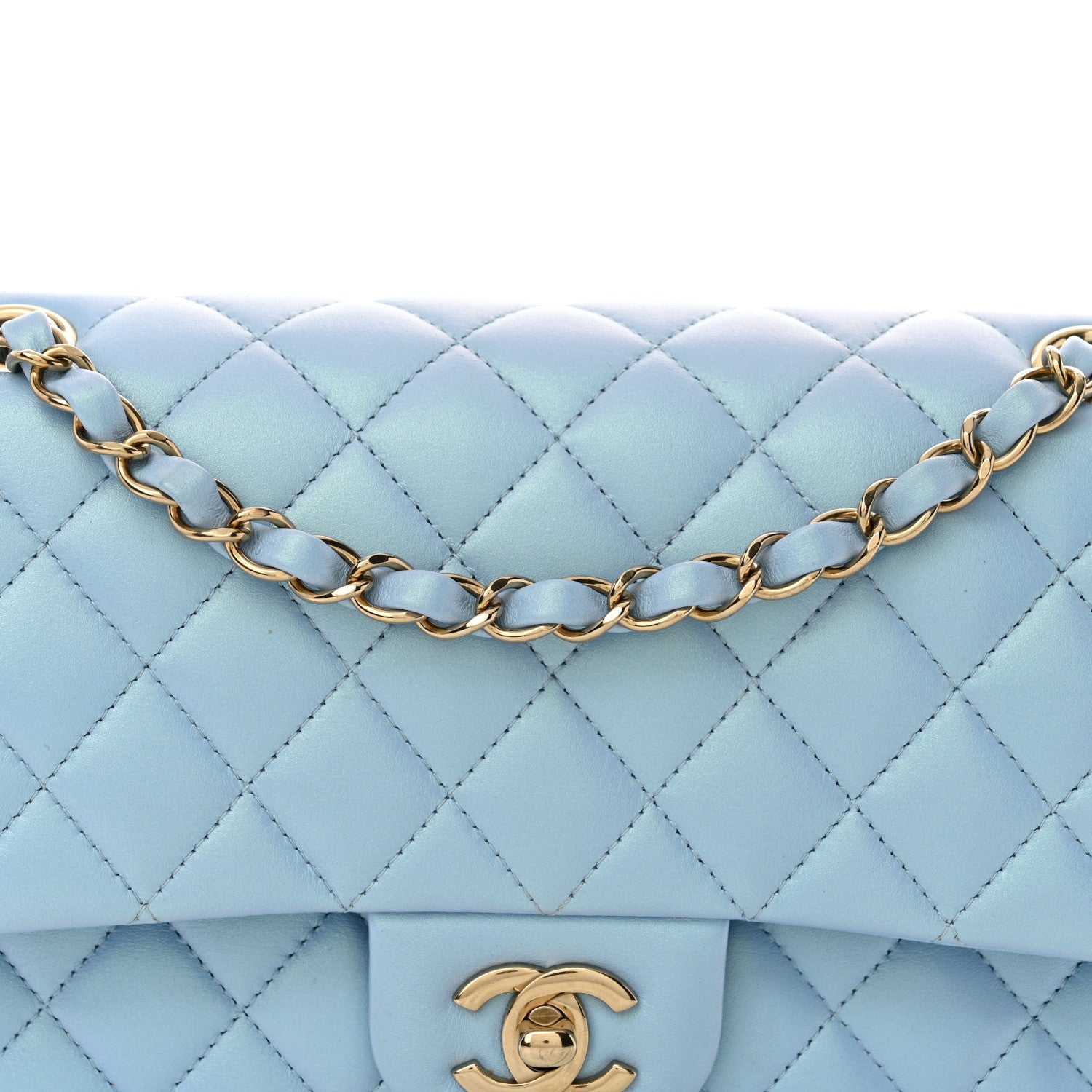 Iridescent Lambskin Quilted Medium Double Flap Light Blue