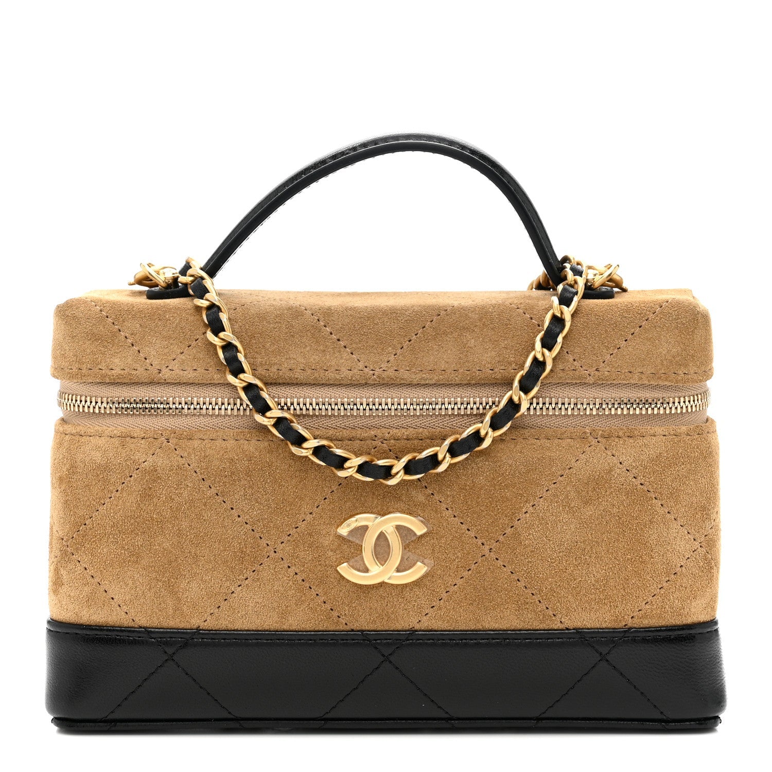 Suede Calfskin Shiny Lambskin Quilted Top Handle Slim Vanity Case With Chain Beige Black