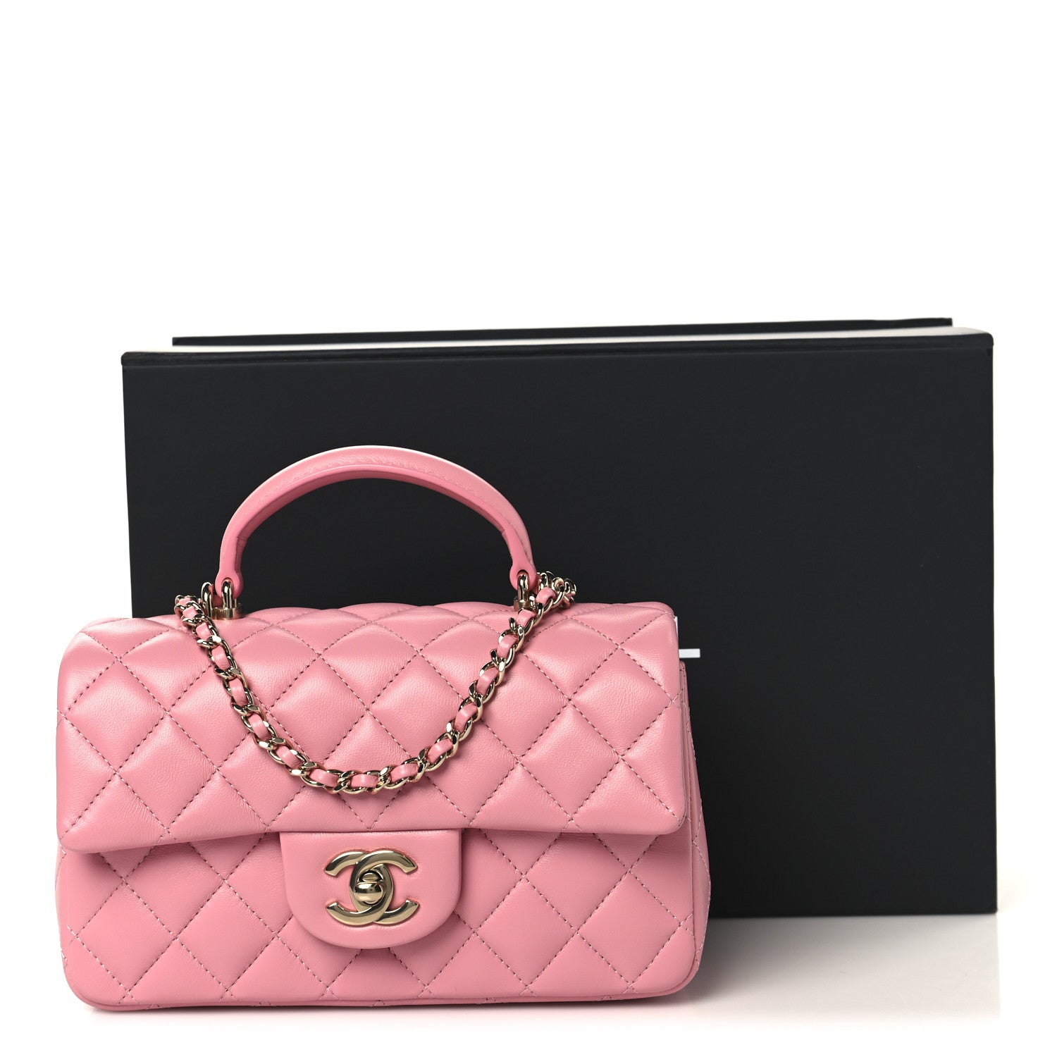Lambskin Quilted Mini Top Handle Rectangular Flap Pink